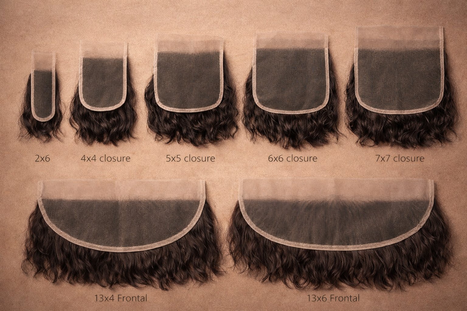 Closure and frontal lace size comparison — 2x6, 4x4, 5x5, 6x6, 7x7 closure, 13x4 and 13x6 frontal — Croziér