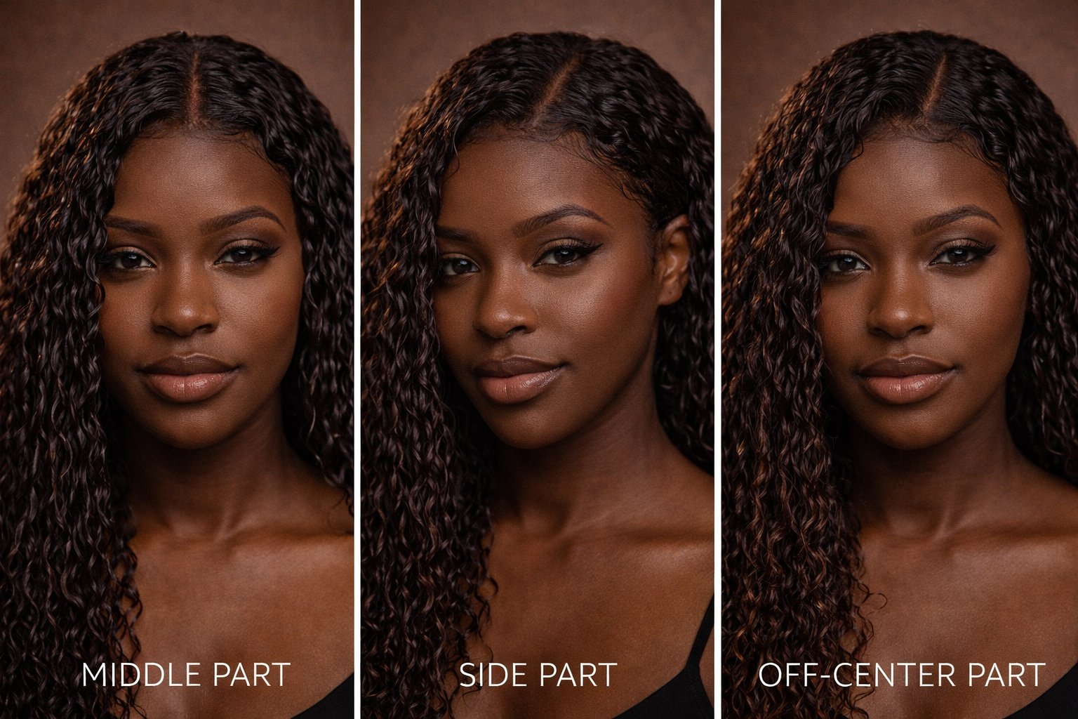 Lace parting options — middle part, side part, off-center part — Croziér